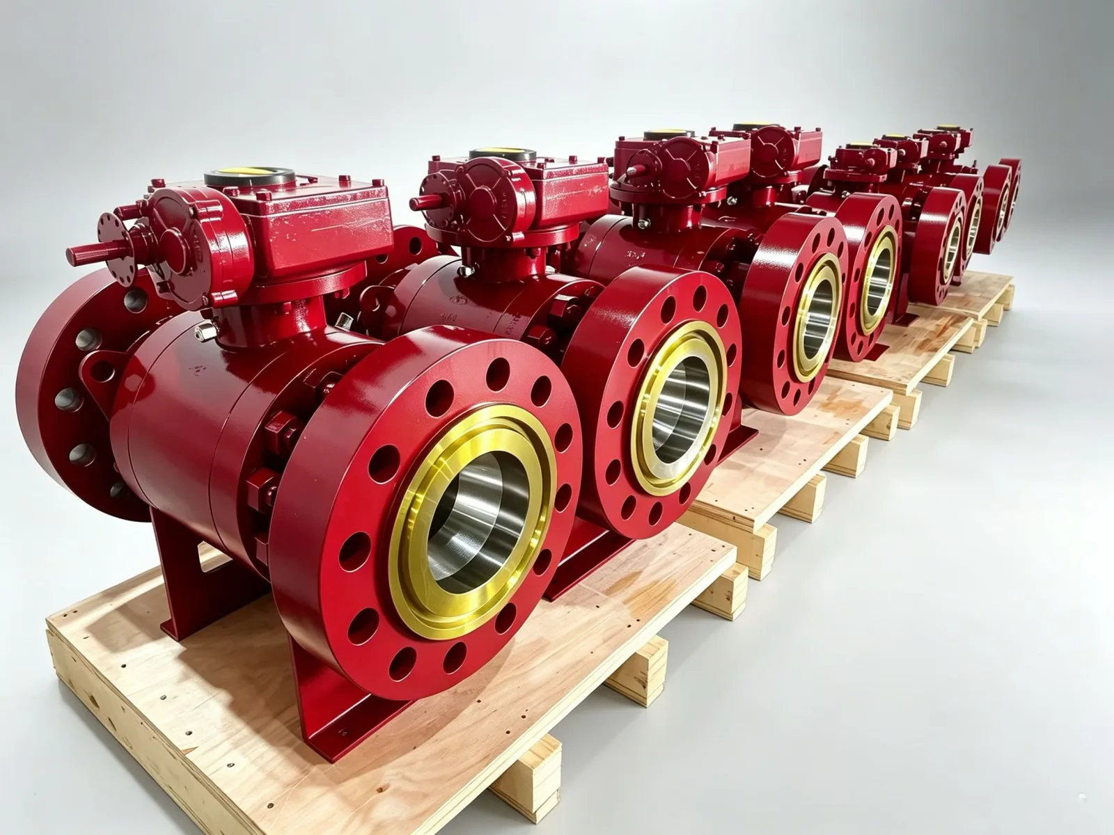 Red-painted trunnion-mounted industrial ball valves