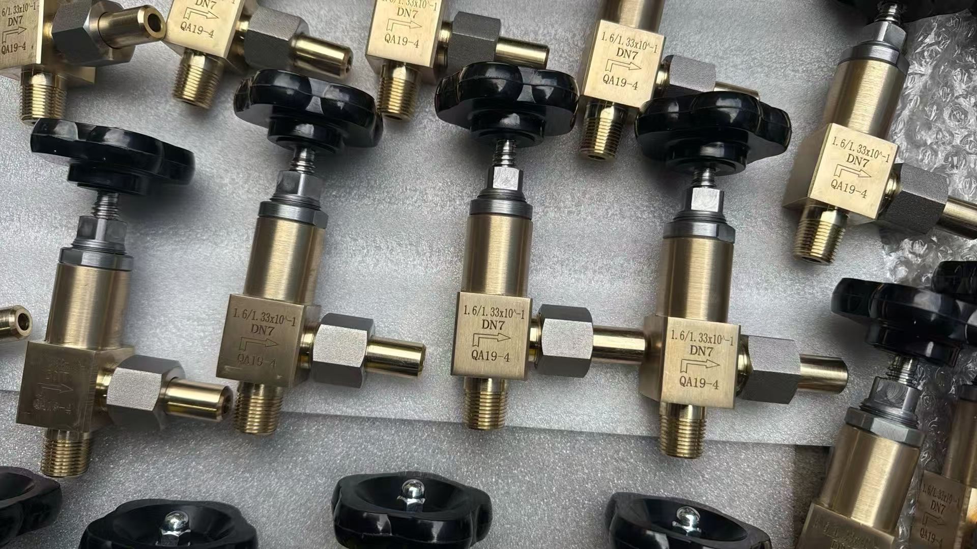 Bronze straight-pattern needle valves with black handwheels