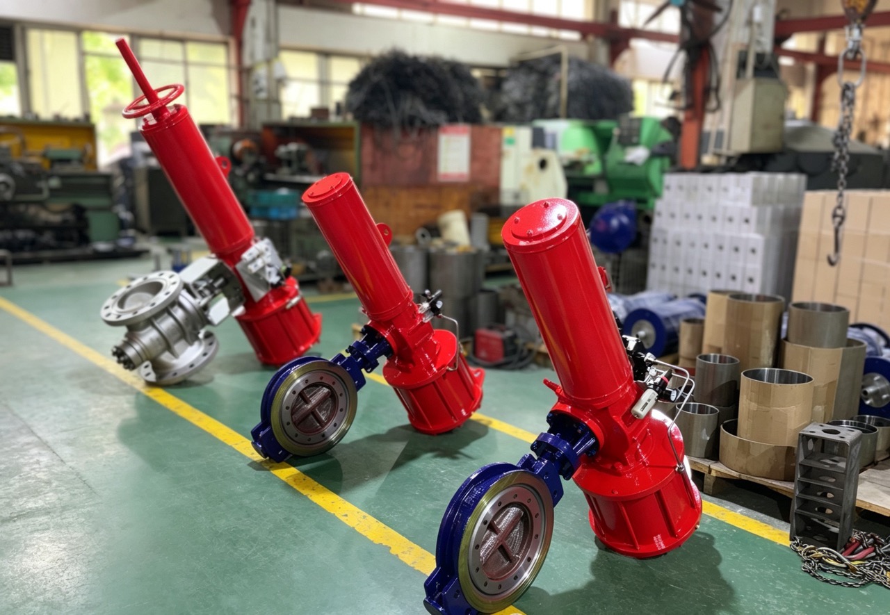Pneumatically actuated triple eccentric butterfly valve with positioner on a metal-seated body